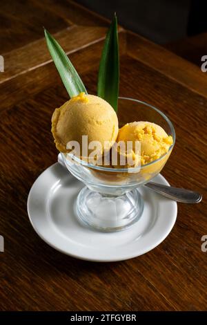 Délicieuses boules de crème glacée au caramel et à la vanille dans un verre, ornées de feuilles d'ananas. Banque D'Images