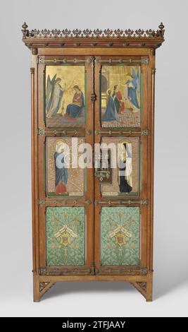 Armoire à musique et piano avec une relique de Sainte Cécile, Pierre Joseph Hubert Cuypers, c. 1858 - c. 1859 armoire à musique de chêne et de pin, partiellement peinte en couleurs et or et avec des ferrures en fer. Les panneaux de l'armoire à deux portes sont peints avec, entre autres, l'Annonciation, le mariage de Cecilia et Valerianus, Sainte Catharine et la Sainte Thérésie. Le cabinet était un cadeau de fiançailles de P.J.H. Cuypers à sa seconde épouse Antoinette Cathérine Thérèse Alberdingk Thijm, en 1858. Chêne Roermond (bois). pin (bois). fer (métal). Étain (métal) armoire à musique de chêne et pin, partiall Banque D'Images