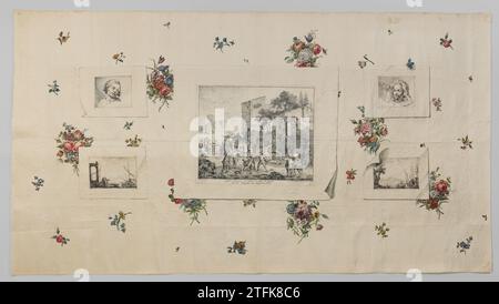 Tissu de soie, peint à trompe l'oeil avec cinq estampes sur un fond de fleurs, c. 1770 - c. 1790 tissu de soie, peint à trompe l'oeil, avec cinq estampes sur un fond de saupoudrures et de bouquets multicolores. L'impression centrale représente un paysage avec des ruines et des figures. Deux ports et deux portraits des deux côtés. Fabricant : pays-Bas (possible) Print Maker : Tournai Print Maker : Meissen Silk Silk mousseline, peint à trompe l'oeil, avec cinq impressions sur un fond de saupoudrages multicolores et de bouquets. L'impression centrale représente un paysage avec des ruines et des figures. Deux ports et Banque D'Images