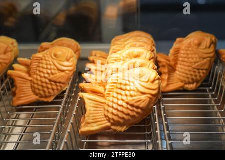 Pâtisseries au poisson taiyaki à la gaufre exposées dans un café-restaurant Banque D'Images
