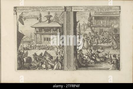 Commerce japonais ; Hof of the King of Calaminhans, 1682 - 1733 Présentation en deux parties. A gauche le commerce et une maison de commerce au Japon. Au premier plan un shee chargement, y compris quelques tonnes avec des bibles. Au loin quelques navires hollandais en mer. Sur le juge la cour du roi des Calaminhans dans les Indes orientales. Le roi est assis sur un oreiller sous un auvent et est flanqué de ses serviteurs et de ses épouses. Trois femmes font de la musique. Avec une légende en néerlandais et en français. L'impression fait partie d'un album. Leiden paper graving East-India Présentation en deux parties. Sur la gauche le commerce et un Banque D'Images