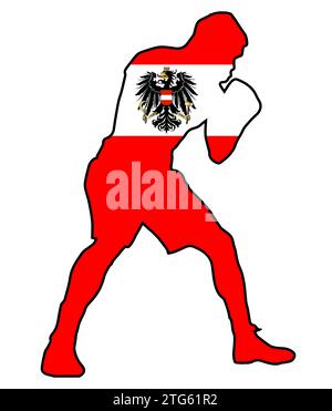 Silhouette d'un boxeur poids lourd en contour placé sur le drapeau national de l'Autriche Banque D'Images