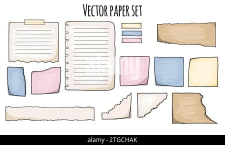 Ensemble vectoriel de notes en papier, autocollants et feuilles adhésives. Liste des tâches, feuilles de papier déchirées. Tableau d'information Illustration de Vecteur