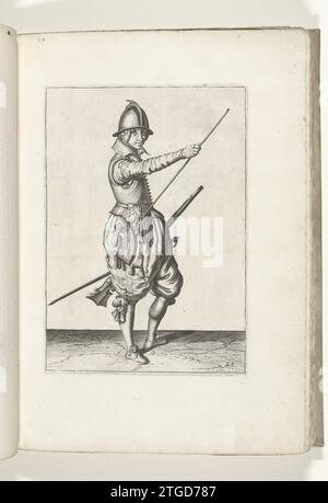 Soldat avec un gouvernail qui glisse sa main droite au bout de son tiroir (n° 28), ca. 1600, 1597 - 1607 Un soldat, à droite, qui tient un gouvernail (un certain type d'arme à feu) avec sa main gauche sur sa cuisse gauche et amène sa main droite au bout de son fromage, qu'il a appuyé contre son côté droit (n° 28), 1600. Plaque 28 dans les instructions pour manipuler le gouvernail : Corte Onderwysinghe sur l'image FigueLiicke, intérêt -Held t'rechte ghebruyck des Roers. Partie des illustrations dans : J. de Gheyn, Weapons Handele of Roers Musquetten and Spiessen, la Haye, 1607. La guerre était autour de 1 Banque D'Images