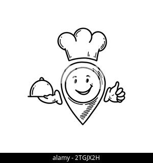 Mignon ligne doodle restaurant emplacement pin emoji. Esquisse à main levée Pinpoint. Adresse de carte émoticône comique. Personnage drôle souriant Illustration de Vecteur