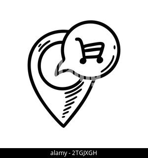 Icône représentant une épingle de la carte du magasin Doodle. emplacement de la boutique. Illustration vectorielle d'esquisse dessinée à la main. Emplacement de supermarché à proximité Illustration de Vecteur