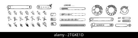 Eléments de conception de l'interface Doodle. Cliquez sur collection d'icônes. Barres de chargement d'esquisse, zones de recherche, interrupteur marche/arrêt, fenêtre de mot de passe, niveau du chargeur de batterie Illustration de Vecteur