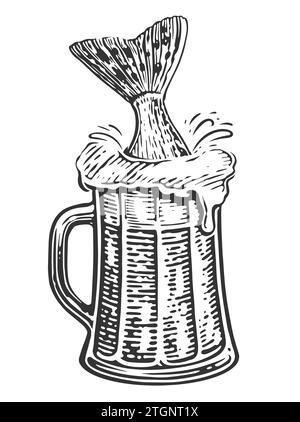 Tasse de bière et queue de poisson. Boisson alcoolisée. Illustration esquisse style de gravure Illustration de Vecteur