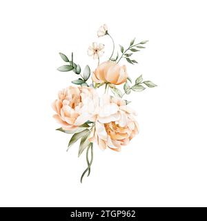 Bouquet floral aquarelle avec des pivoines douces de couleur fuzz pêche et des feuilles vertes. Clipart pour cartes postales, affiches, bannière, invitations de mariage, annivers Banque D'Images