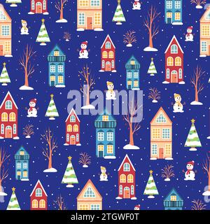 Modèle de Noël sans couture vectoriel. Maisons scandinaves, bonhomme de neige Illustration de Vecteur