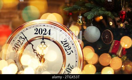Horloge rétro en or montre le nouvel an 2024 avec lumières dorées, arbre de Noël et jouets vintage. Bonne année et carte de Noël Banque D'Images