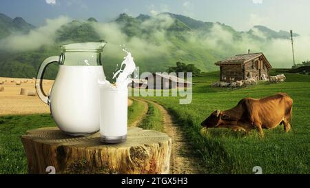 Lait naturel frais avec éclaboussures se tient sur Une souche de piédestal en bois dans Un village avec des champs verts, des vaches, du suif et des maisons dans les montagnes. Naturel M Banque D'Images