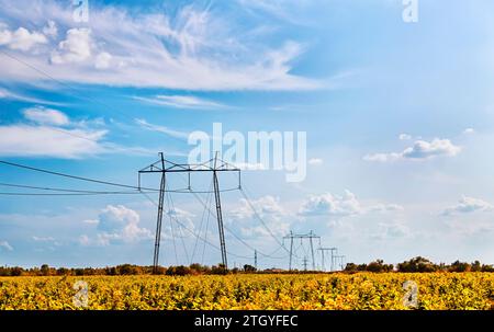 Ligne électrique à haute tension contre le ciel bleu. Les fils métalliques sur une tour haute tension transmettent l'électricité sur de longues distances aux villes. Ukraine Banque D'Images