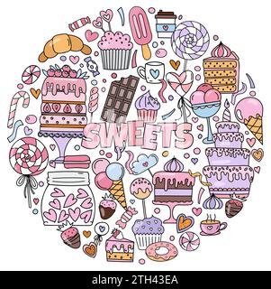 Doodles dessinés à la main et colorés sur le thème des bonbons, y compris Un ensemble de photos avec gâteaux, bonbons et autres friandises pour la coloration stress-relief Illustration de Vecteur