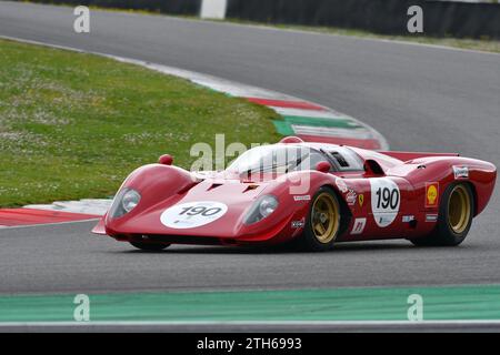 Scarperia, 2 avril 2023 : Ferrari 312 P année 1969 ex Pedro Rodriguez en action lors du Mugello Classic 2023 au Mugello circuit en Italie. Banque D'Images