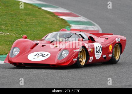 Scarperia, 2 avril 2023 : Ferrari 312 P année 1969 ex Pedro Rodriguez en action lors du Mugello Classic 2023 au Mugello circuit en Italie. Banque D'Images