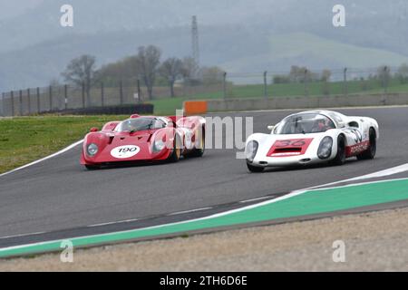 Scarperia, 2 avril 2023 : Ferrari 312 P année 1969 ex Pedro Rodriguez en action lors du Mugello Classic 2023 au Mugello circuit en Italie. Banque D'Images