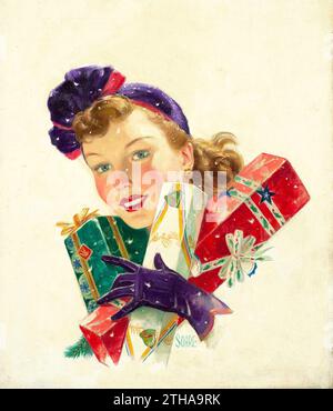 WILLIAM FULTON SOARE (AMÉRICAIN, 1896-1940). Holiday Cheer - Belle femme avec des cadeaux de Noël (Circa 1935) Banque D'Images