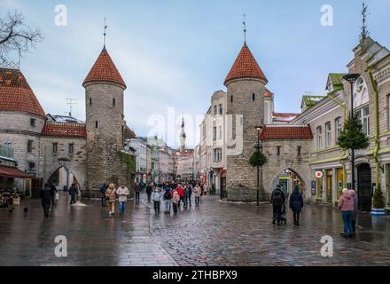 Tallinn, Estland - Altstadt von Tallinn, Lehmpforte, Wachtuerme vom mittelalterlichen Stadttor Viru, die Viru ist die Haupteinkaufsstrasse in der City, hinten der Turm vom Rathaus am Rathausplatz. Tallinn Estland *** Tallinn, Estonie Vieille ville de Tallinn, porte d'argile, tours de guet de la ville médiévale porte Viru, le Viru est la principale rue commerçante de la ville, derrière la tour de la mairie à la place de la mairie Tallinn Estonie Banque D'Images