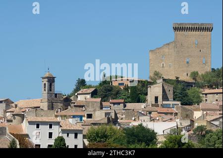 Au milieu des célèbres vignobles, la ville de Châteauneuf-du-Pape. | au milieu des vignobles et des celebres vignes de cailloux, la ville de cha Banque D'Images