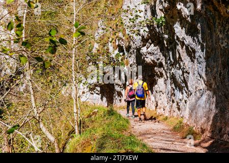 Randonneurs empruntant la route des Xanas. Villanueva - Pedroveya, Santo Adriano - Quirós, Principauté des Asturies, Espagne, Europe Banque D'Images