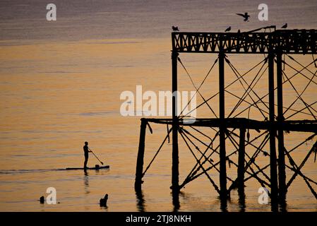 Pédalo silhoueté sur la jetée ouest abandonnée au coucher du soleil, Brighton, Angleterre.Construit en 1866 et fermé en 1975, le quai est toujours classé de catégorie I et un site bien connu. Banque D'Images