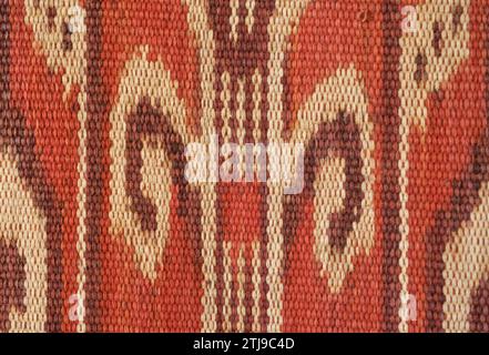 Détail de la chaîne ikat décoré Pua Kumbu avec des motifs représentant des frondes de feuillage. Un IBAN, Dayak, textile cérémoniel de Bornéo. Les IBAN vivent à Sarawak, en Malaisie, et à Kalimantan, en Indonésie. Propriété libérée. Banque D'Images