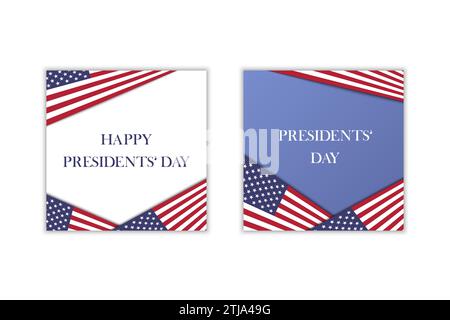 Ensemble d'affiches carrées Happy Presidents Day. Arrière-plans de drapeau américain pour la publication sur les médias sociaux. Fête nationale américaine de février. Illustration vectorielle avec texte Illustration de Vecteur