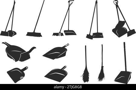 Silhouette de pelle à poussière, balai et pelle à poussière, brosse de nettoyage, bundle de pelle à poussière, icône de balai et pelle à poussière, clipart de pelle à poussière Illustration de Vecteur