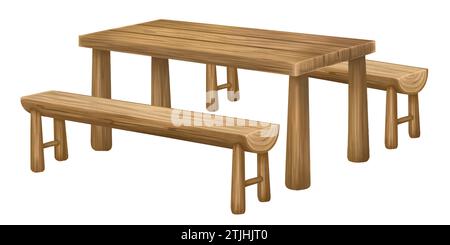 Une table de pique-nique en bois avec des bancs pour les loisirs en plein air. Mobilier pour le jardin, parc, randonnée, camping. Dîners en plein air et barbecues. Famille Holi Banque D'Images