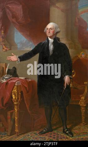 George Washington de Gilbert Stuart. 1796. Washington a été une force unificatrice pendant les années de formation des Etats-Unis. Il a combattu dans la guerre française et indienne et a servi plus tard comme commandant en chef de l'armée continentale dans la guerre d'indépendance. Après avoir été élu à l'unanimité premier président des États-Unis, en 1789, il installa la Cour suprême et le cabinet, réprima la rébellion du Whiskey et défait la Confédération des lacs de l'Ouest lors de la guerre des Indiens du Nord-Ouest. Une version optimisée d'une photographie d'une peinture à l'huile à la National Portrait Gallery des États-Unis, Smithsonian institution Banque D'Images