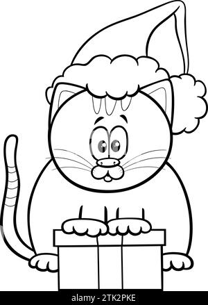 Illustration de dessin animé noir et blanc de personnage de chat avec présent sur la page de coloriage de temps de Noël Illustration de Vecteur