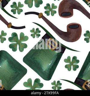 Modèle sans couture avec des symboles de l'Irlande. Papier d'emballage pour St. Patrick's Day. Aquarelle dans le style vintage sur un fond blanc Banque D'Images