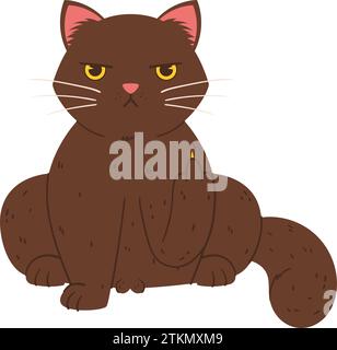 Un chat mécontent s'assoit et montre son majeur. Grumpy Fluffy chat couleur noire. Illustration de Vecteur