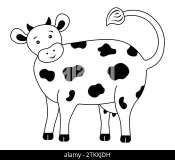 Vache mignonne repérée avec des cornes, animal de ferme heureux curieux, illustration vectorielle en noir et blanc Illustration de Vecteur