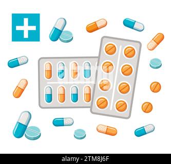 Pilules de médicament de pharmacie, capsule médicale pour la santé, icône d'emballage blister de comprimé de vitamine. Médicament pharmaceutique pour le traitement de maladies. Vecteur Illustration de Vecteur