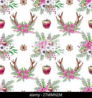 Motif de Noël avec bouquets de Noël et rogamina sur fond blanc. Motif sans couture aquarelle dessiné à la main. Décoration de Noël pour le des Banque D'Images