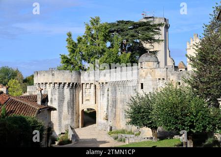 L'entrée et le rempart du château fort des Bourdeilles en Périgord Vert. Histoire, architecture, patrimoine et tourisme. Bourdeilles, Périgord, Dor Banque D'Images