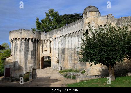 L'entrée et le rempart du château fort des Bourdeilles en Périgord Vert. Histoire, architecture, patrimoine et tourisme. Bourdeilles, Périgord, Dor Banque D'Images