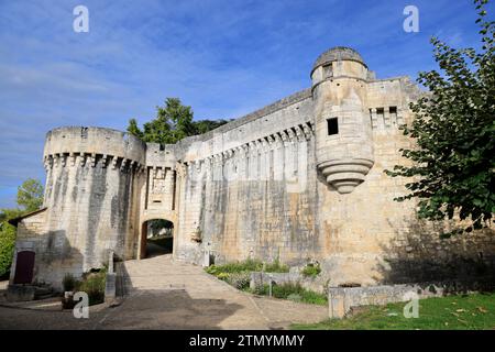 L'entrée et le rempart du château fort des Bourdeilles en Périgord Vert. Histoire, architecture, patrimoine et tourisme. Bourdeilles, Périgord, Dor Banque D'Images