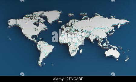 Carte du monde blanc avec pays, frontières dorées et contour orange sur fond bleu. Illustration de rendu 3D. Banque D'Images