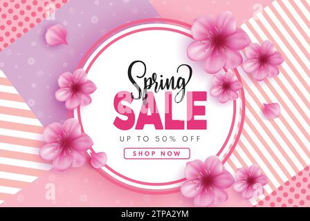 Conception de bannière vectorielle de vente de printemps. Vente de saison de printemps avec des éléments de fleur de cerisier rose pour le modèle de rabais de vente de promotion de saison de vacances Illustration de Vecteur