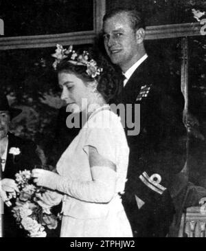 01/01/1947. Aujourd'hui, la princesse Iabel, fille des rois d'Angleterre et héritière du trône, se mariera à l'abbaye de Westminster avec le lieutenant Philip Mountbatten, fils du défunt prince Andrew de Grèce et de la princesse Alice de Battenberg. Pour cette raison, de splendides fêtes populaires et aristocratiques sont célébrées au Royaume-Uni, où toutes les familles régnantes de l'Europe sont arrivées. Crédit : Album / Archivo ABC Banque D'Images