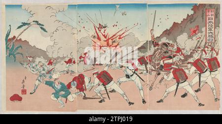 Grande victoire de l'armée japonaise à Asan en Corée, Kobayashi Ikuhide, c. 1894 armée japonaise en uniforme blanc, en combat avec l'armée chinoise, pendant la première guerre sino-japonaise. Une grosse explosion en arrière-plan. Le Japon couleur gravure sur bois armée japonaise en uniforme blanc, en combat avec l'armée chinoise, pendant la première guerre sino-japonaise. Une grosse explosion en arrière-plan. Gravure sur bois couleur Japon Banque D'Images