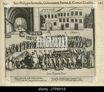 Funérailles de Johann Baptista von Tassis à Keulen, 1588, 1621 - 1622 funérailles de Johann Baptista von Tassis, tué au siège de Bonn, à Cologne, le 26 avril 1588. Épisode de la guerre de Cologne. Avec légende de 4 lignes en latin. Numéroté 195. Imprimé au dos avec texte en latin. Imprimeur : Northern Netherlandspublisher : Amsterdam papier gravure Cologne funérailles de Johann Baptista von Tassis, tué au siège de Bonn, à Cologne, le 26 avril 1588. Épisode de la guerre de Cologne. Avec légende de 4 lignes en latin. Numéroté 195. Imprimé au dos avec texte en latin. Imprimeur : Northern Nether Banque D'Images