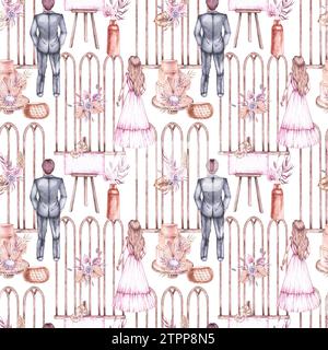 Modèle de mariage avec jeunes mariés, accessoires, arche de mariage, fleurs sur un fond blanc. Modèle de mariage aquarelle dans le style Boho pour la conception textile, Banque D'Images