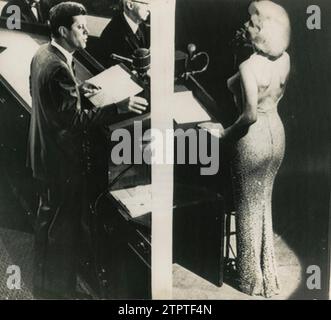 Président Kennedy, à gauche, sur une photo de 1961 ; l'actrice, à droite, apparaît en interprétant "Joyeux anniversaire" au président, au Madison Square Garden à New York en 1962. Crédit : Album / Archivo ABC Banque D'Images