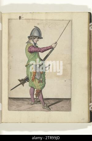 Soldat qui glisse sa poitrine de la porte dans le support sous le cours de sa barre (n° 29), ca. 1600, 1597 - 1608 Un soldat, à droite, à droite, qui tient un gouvernail (un certain type d'arme à feu) avec sa main gauche sur sa cuisse gauche et avec sa main droite la canne de chargement dans le support glisse sous la boucle (n° 29), ca. 1600. Plaque 29 dans les instructions pour la manipulation de la barre : Shorte instruction sur les contrefaictinges, touchant la bonne utilisation des calibres. Partie des illustrations dans une édition anglaise de J. de Gheyns Weapons Handelhe : J. de Gheyn, l'exercice d'armes pour calibres Banque D'Images