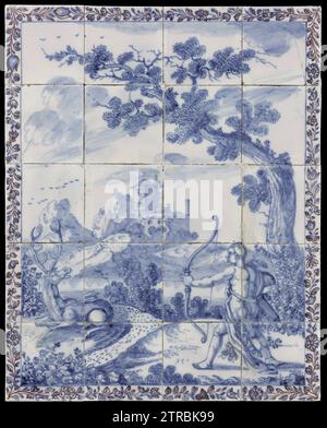 Tableau carrelé avec un paysage à représentation mythologique en bleu : Cyparissus se transforme en cyprès, anonyme, c. 1720 - c. 1760 Tableau carrelé de vingt tuiles (5 x 4) avec un paysage bleu à représentation mythologique : Cyparissus se transforme en cyprès. A droite un arbre et en arrière-plan une rivière et un château. Le cadre se compose d'une boisson florale. Pays-Bas (peut-être) faïence. Majolica Tin Glaze Tableau de vingt tuiles (5 x 4) avec un paysage bleu avec représentation mythologique : Cyparissus se transforme en cyprès. Sur la droite un arbre et en arrière-plan une rivière et un c Banque D'Images