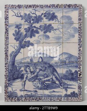Tableau carrelé avec un paysage en bleu avec représentation mythologique : Hercule et Achelous, Anonyme, c. 1720 - c. 1760 Tableau carrelé de vingt tuiles (5 x 4) avec un paysage bleu avec représentation mythologique : Hercule et Achelous. A gauche un arbre et en arrière-plan une rivière et des bâtiments le long de la rive. Le cadre se compose d'une boisson florale. Amsterdam (peut-être) faïence. glaçure d'étain. Oxyde d'uranium majolica Tableau de vingt tuiles (5 x 4) avec un paysage bleu avec représentation mythologique : Hercule et Achelous. Sur la gauche un arbre et en arrière-plan une rivière et buildi Banque D'Images